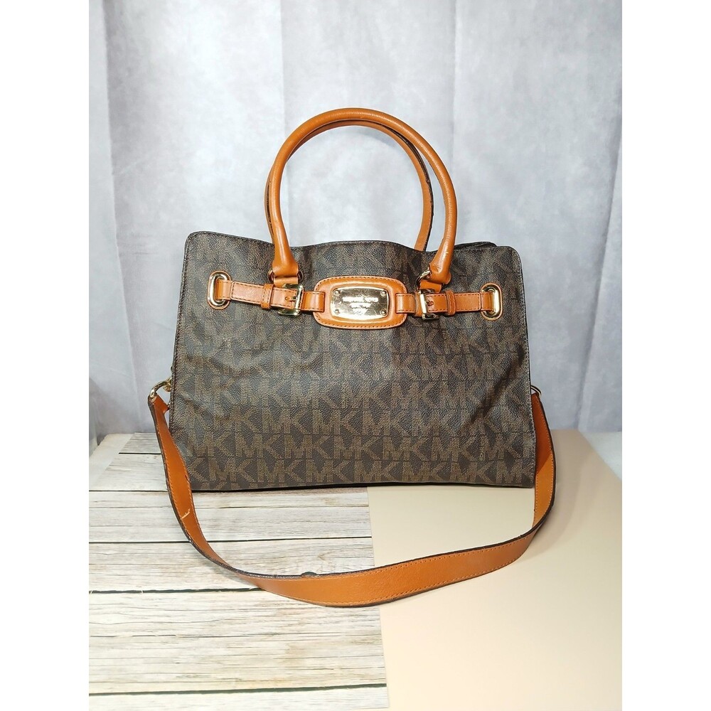 Michael Kors Signature Brown Convertible Satchel Crossbody Bag – Leather Trim